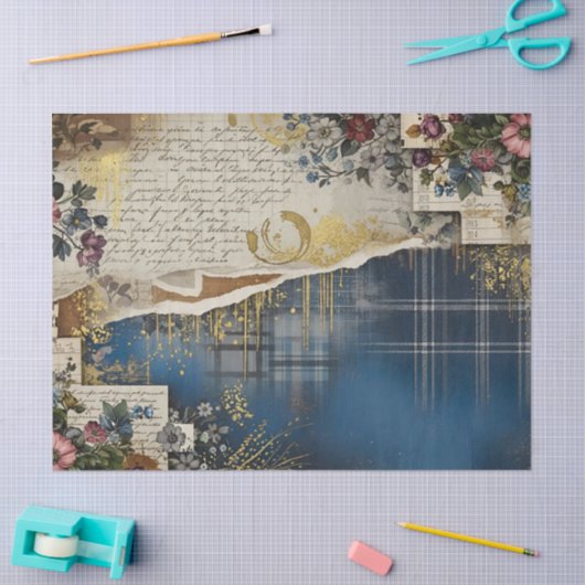 Rustic Blue Denim Ephemera Floral Decoupage Print Seidenpapier (Basteln)