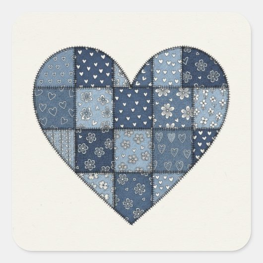 Rustic Blue Denim Patchwork Heart Illustration Quadratischer Aufkleber (Vorderseite)