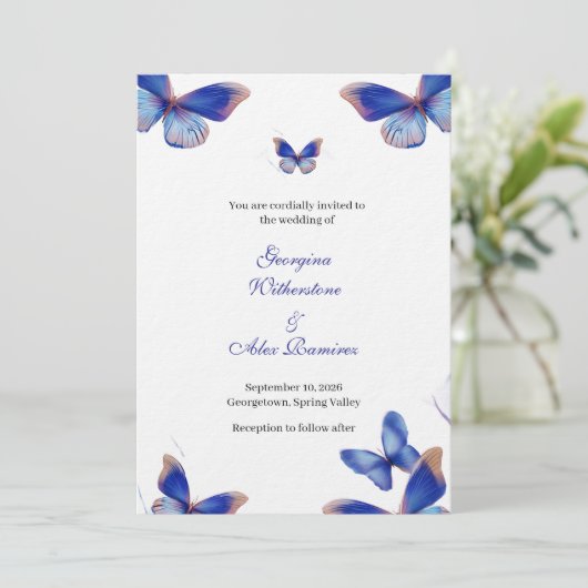 Rustic Blue Editable Photo Wedding Invite Einladung (Stehend Vorderseite)