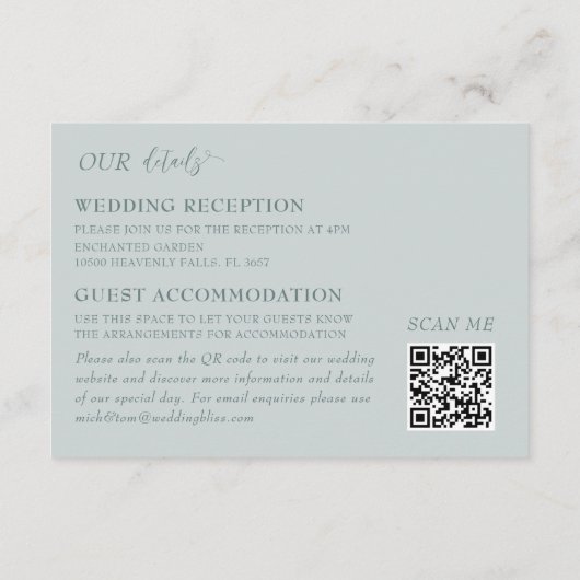 Rustic Blue Eukalyptus Gold Rahmen Hochzeitsdetail Begleitkarte (Rückseite)