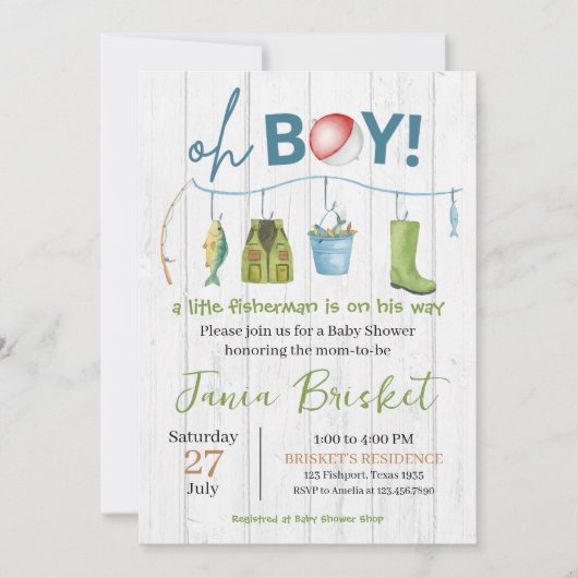 Rustic Blue Fishing Design Baby Shower Boy Einladung (Vorderseite)