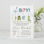 Rustic Blue Fishing Design Baby Shower Boy Einladung (Stehend Vorderseite)
