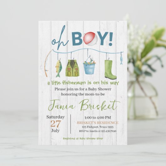 Rustic Blue Fishing Design Baby Shower Boy Einladung (Stehend Vorderseite)