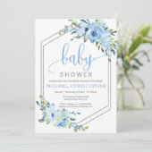 Rustic Blue Floral Boy Baby Dusche Einladung (Stehend Vorderseite)