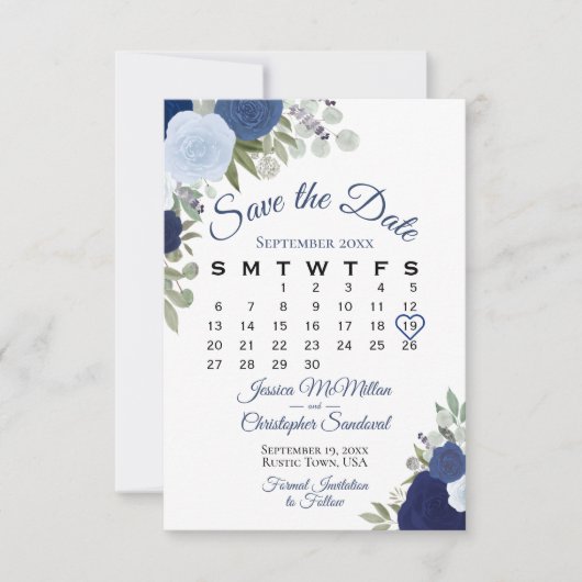 Rustic Blue Floral Elegante Boho Wedding Calendar Save The Date (Vorderseite)