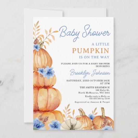 Rustic Blue Floral Little Pumpkin Baby Dusche Einladung (Vorderseite)