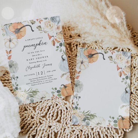 Rustic Blue Floral Pumpkin Boy Baby Dusche Einladung