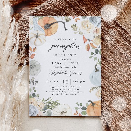 Rustic Blue Floral Pumpkin Boy Baby Dusche Einladung