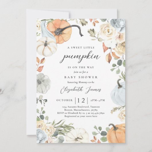 Rustic Blue Floral Pumpkin Boy Baby Dusche Einladung (Vorderseite)
