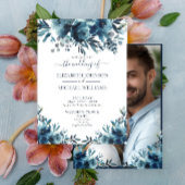 Rustic Blue Floral Script Foto Wedding Einladung