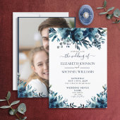 Rustic Blue Floral Script Foto Wedding Einladung