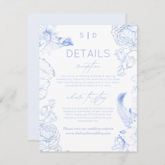 Rustic Blue Floral Wedding Begleitkarte (Vorne/Hinten)