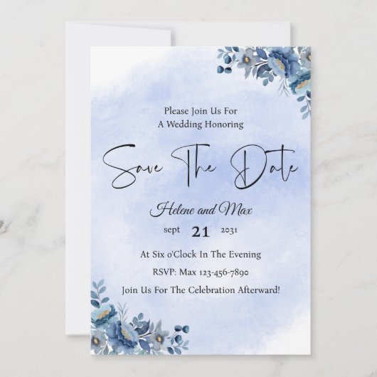 Rustic Blue Floral Wedding Save the Date Einladung (Vorderseite)