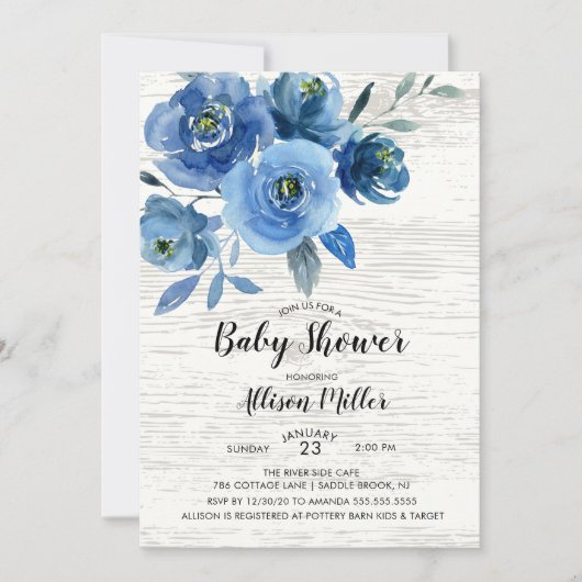 Rustic Blue Flowers Babydusche Einladung (Vorderseite)