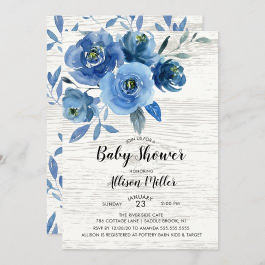 Rustic Blue Flowers Babydusche Einladung (Vorne/Hinten)