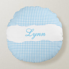 Rustic Blue Gingham Personalized Name Rundes Kissen