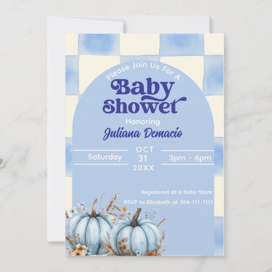 Rustic Blue Gingham Pumpkin Baby Shower Einladung (Vorderseite)