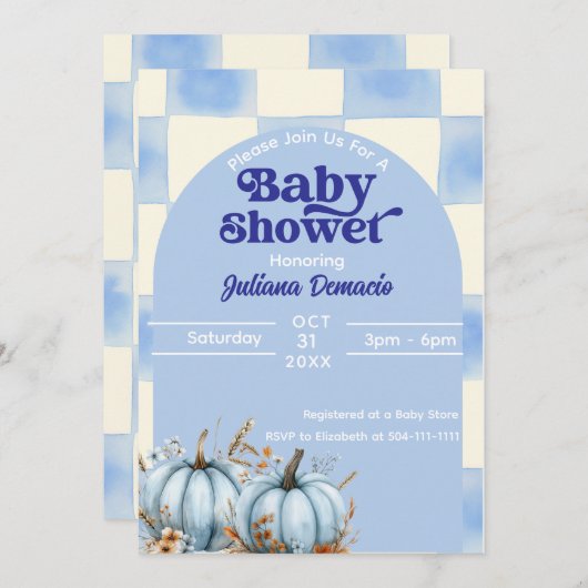 Rustic Blue Gingham Pumpkin Baby Shower Einladung (Vorne/Hinten)