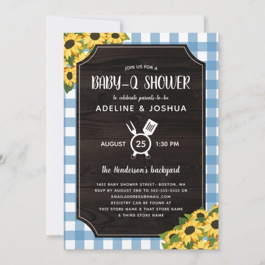 Rustic Blue Gingham Sunflowers Baby-Q Dusche Einladung (Vorderseite)