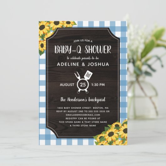 Rustic Blue Gingham Sunflowers Baby-Q Dusche Einladung (Stehend Vorderseite)