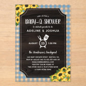 Rustic Blue Gingham Sunflowers Boy Baby-Q Dusche Acryleinladungen (Vorderseite)