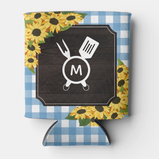 Rustic Blue Gingham Sunflowers Monogram Dosenkühler (Vorderseite)