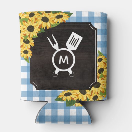 Rustic Blue Gingham Sunflowers Monogram Dosenkühler (Rückseite)