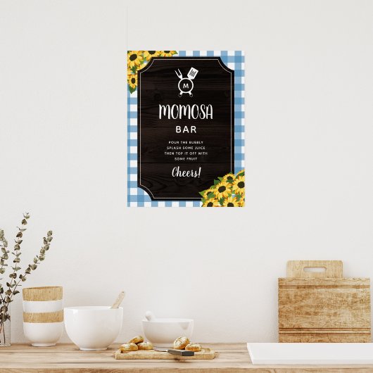 Rustic Blue Gingham Sunflowers Monogram Momosa Bar Poster (Küche)