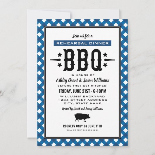 Rustic Blue Gingham Wedding Probe Dinner GRILLEN Einladung (Vorderseite)
