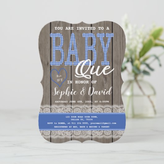 Rustic Blue Gingham Wood Boy Baby Dusche GRILLEN Einladung (Stehend Vorderseite)