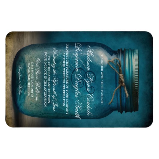 Rustic Blue Glass Mason Jar Country Wedite Einladu Magnet (Horizontal)