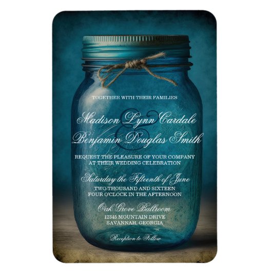 Rustic Blue Glass Mason Jar Country Wedite Einladu Magnet (Vertikal)