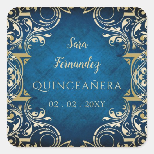 Rustic Blue Gold Elegante Quinceanera Quadratischer Aufkleber (Vorderseite)