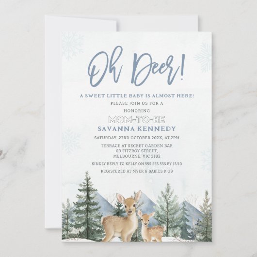 Rustic Blue Green Winter Oh Deer Baby Shower Einladung (Vorderseite)