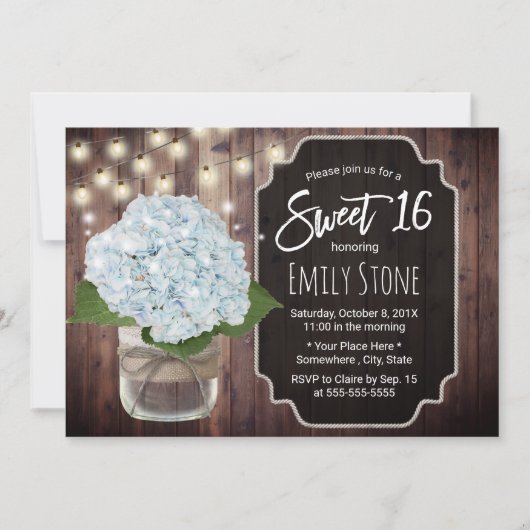 Rustic Blue Hydrangea Blume Mason Jar Sweet 16 Einladung (Vorderseite)