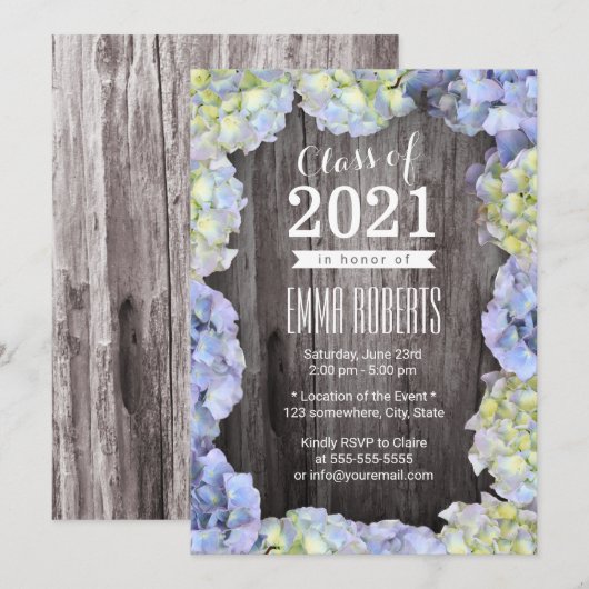 Rustic Blue Hydrangea Floral Graduation Party Einladung (Vorne/Hinten)