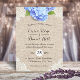 Rustic Blue Hydrangea Floral Lace & Burlap Wedding Einladung