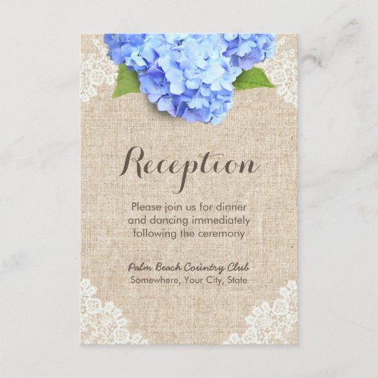 Rustic Blue Hydrangea Lace & Burlap Empfang Begleitkarte (Vorderseite)