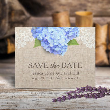 Rustic Blue Hydrangea Lace & Burlap Save the Date