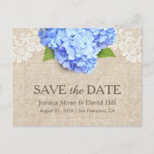 Rustic Blue Hydrangea Lace & Burlap Save the Date Ankündigungspostkarte (Vorderseite)
