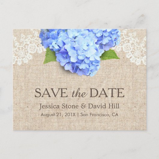 Rustic Blue Hydrangea Lace & Burlap Save the Date Ankündigungspostkarte (Vorderseite)