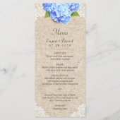 Rustic Blue Hydrangea Lace & Burlap Wedding Menu Menükarte (Vorderseite)