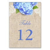 Rustic Blue Hydrangea Lace & Burlap Wedding Table Tischnummer (Rückseite)