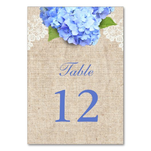 Rustic Blue Hydrangea Lace & Burlap Wedding Table Tischnummer (Rückseite)