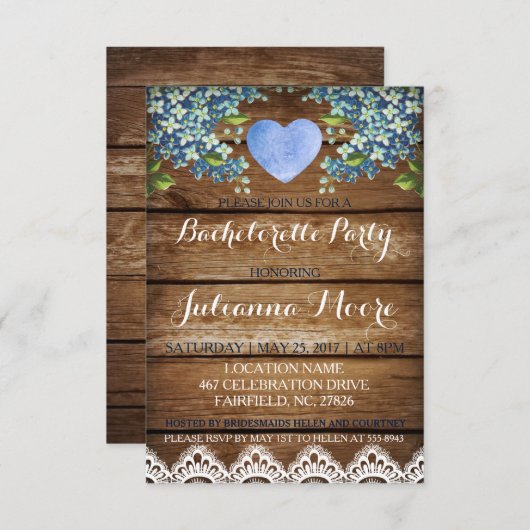 Rustic Blue Hydrangea/Lace Junggeselinnen-Abschied Einladung (Vorne/Hinten)