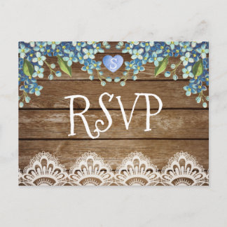 Rustic Blue Hydrangea & Lace RSVP Card Einladungspostkarte