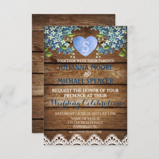 Rustic Blue Hydrangea & Lace Wedding Einladung (Vorne/Hinten)
