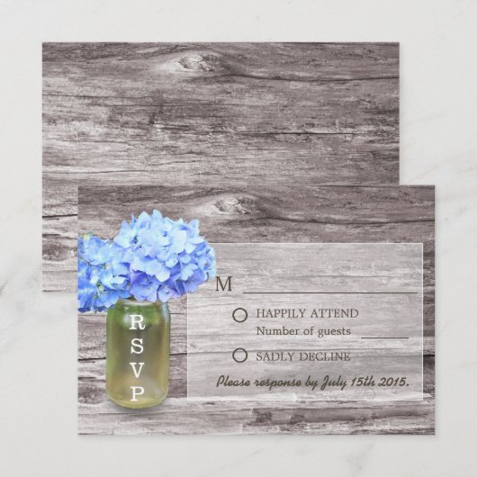 Rustic Blue Hydrangea Mason Jar Wedding RSVP Karte (Vorne/Hinten)