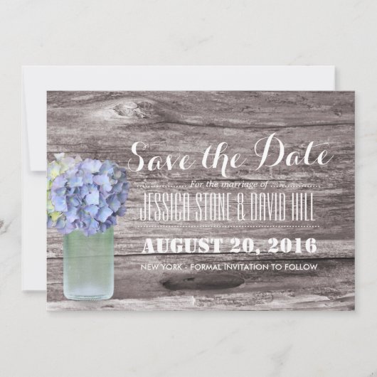 Rustic Blue Hydrangea Mason Jar Wood Save the Date (Vorderseite)
