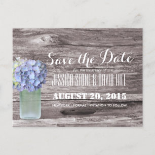 Rustic Blue Hydrangea Mason Jar Wood Save the Date Ankündigungspostkarte